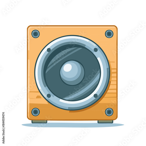 Square wooden speaker with silver rim plays music, isolated on white, vector clip-art, sound system equipment for entertainment.
