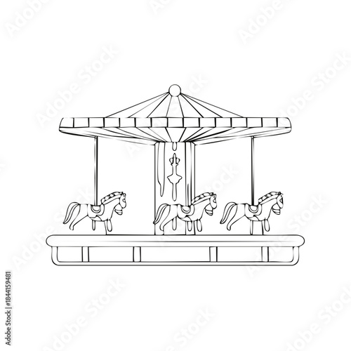 Simple black-and-white line drawing of a carousel, featuring whimsical horses, evoking nostalgic memories of childhood joy, fantasy, and fun.