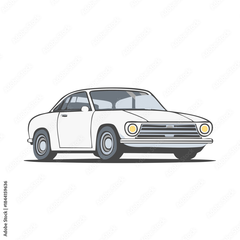 Naklejka premium Vintage white car illustration with grey interior and tires on white background