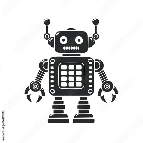 Cartoon Robot with Antennae and Claw Hands, Classic Mechanical Toy Design, Square Head and Display