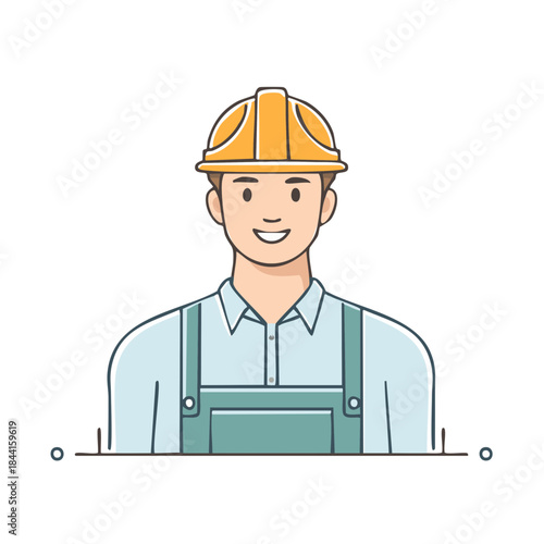 Smiling Cartoon Construction Worker Avatar in Hard Hat and Overalls Illustration