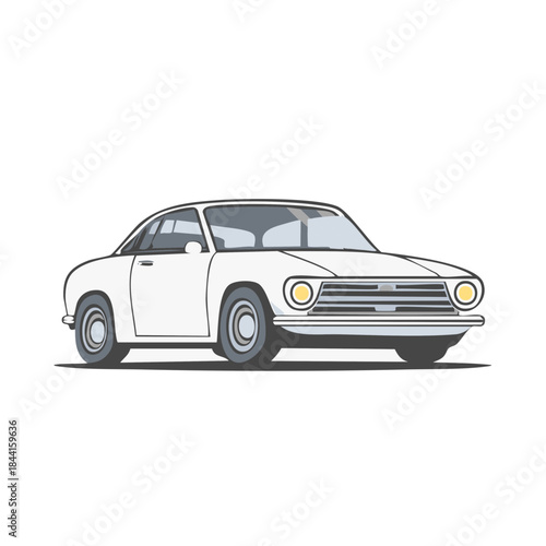 Vintage white car illustration with grey interior and tires on white background