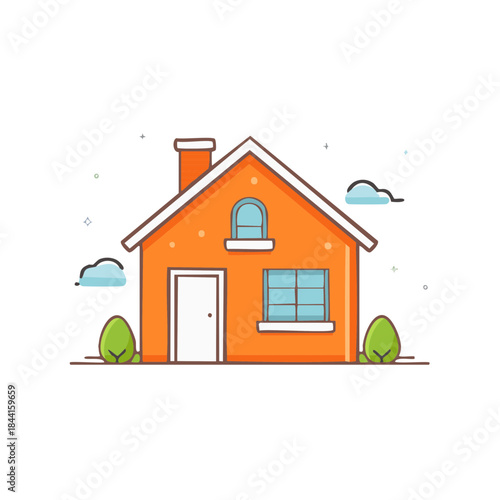 Cheerful Orange House Illustration with Trim, Door, Window and Chimney, Set Against Light Blue Clouds and Green Shrubs