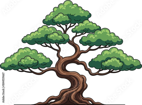 A vividly colored stylized bonsai tree illustration with a thick winding trunk and lush foliage