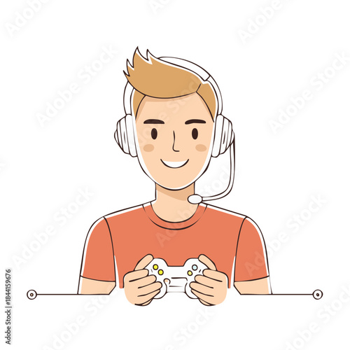 Boy holding gamepad wearing headphones playing video game having fun casual activity hobby