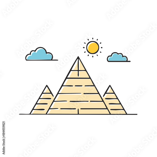 Egyptian Pyramids Outline Illustration with Sun and Clouds in Desert Landscape