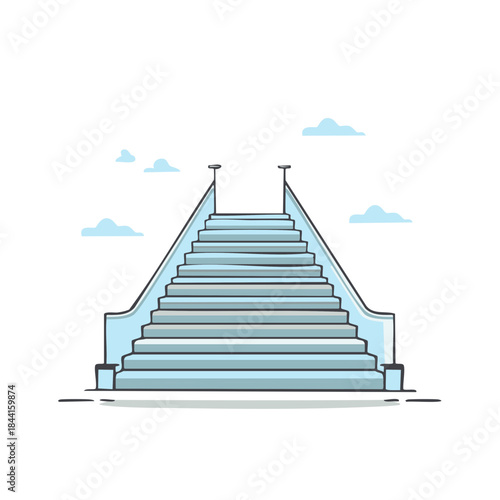 Minimalist Illustration of a Grand Staircase Ascending Toward the Sky with Cloud Accents