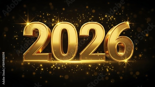 Golden 2026 Year Number with Sparkles and Stars on Black Background new year