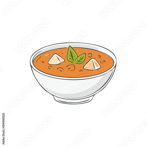 Bowl of tomato soup with basil and cheese cubes. Colorful soup drawing with simple design for menus, recipe books, food and beverage marketing.