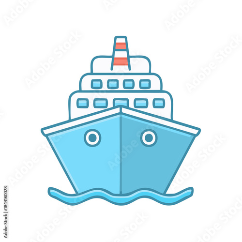 Front view of a blue cruise ship sailing across ocean waves. Cartoon image for summer sea travel themed decoration design.