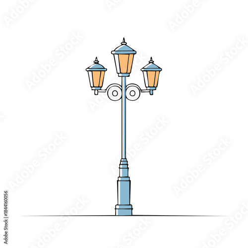 Whimsical Streetlight Illustration with Three Lamps and Ornate Details in a Clean Style, decorative element