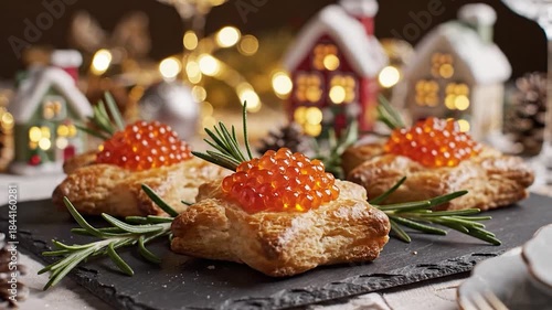 Red caviar appetizers on flaky puff pastry garnished with rosemary in a warm festive setting with bokeh lights