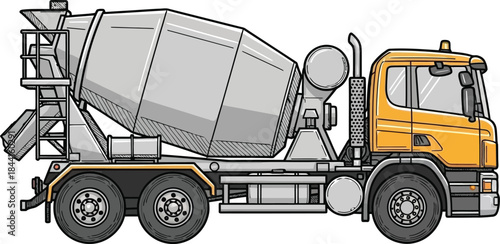 Detailed illustration of a yellow and gray cement mixer truck side view construction vehicle