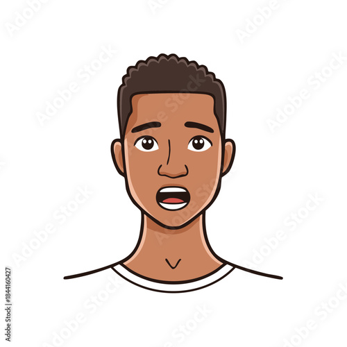 Surprised African American man with an open mouth and wide eyes expressing shock or astonishment