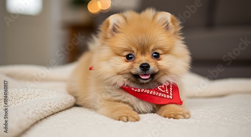 Adorable, fluffy puppy, adorned with a red bandana, lies on a soft, white blanket