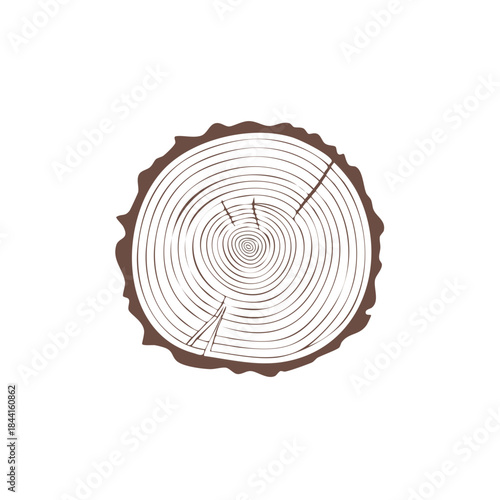 Graphic image of wood cross section showing tree rings with bark outline for print or logo or illustration use
