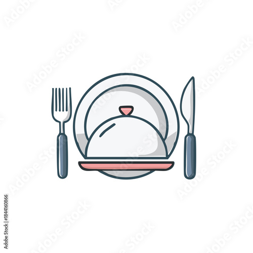 Vector illustration depicting elegant dinner setting with plates, serving dish, fork and knife for menu design and restaurant icon
