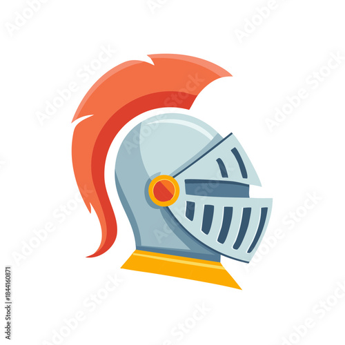 Shiny medieval knight helmet with red plumage and gold accents in a cartoon vector illustration