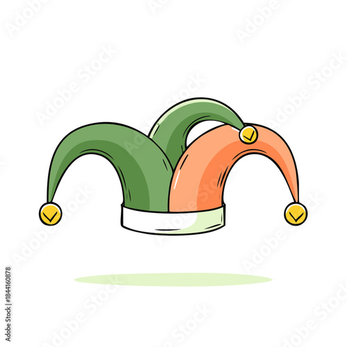 Festive Jester Hat Illustration in Green and Orange A Fun Carnival Costume Accessory for Celebrating Events and Parties