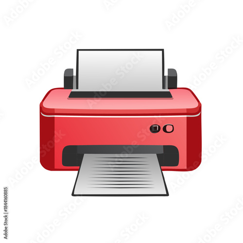 Red Printer Prints Document Vector Illustration, Office Printing Equipment