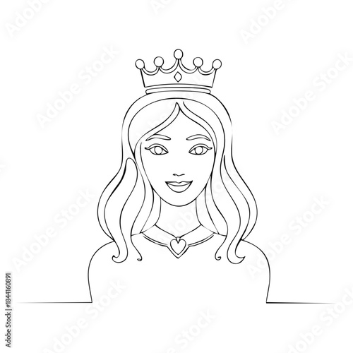Monochrome drawing of a young woman in a crown and necklace with heart pendant