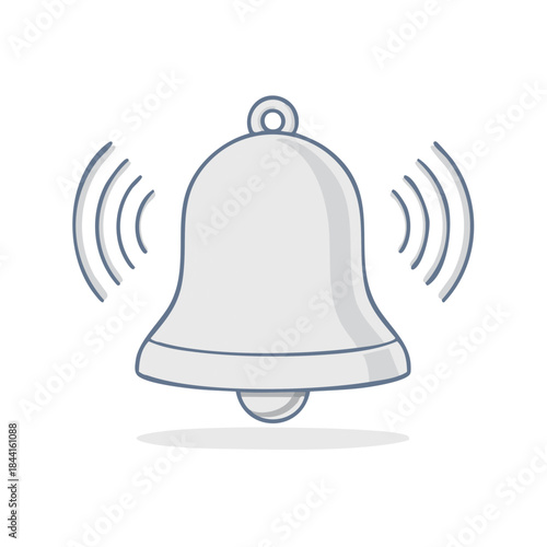 Illustration of a silver ringing bell producing sound waves on a white background