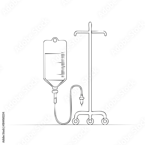 Simple line drawing of an IV drip bag hanging on a pole. Intravenous therapy for medical treatment concept