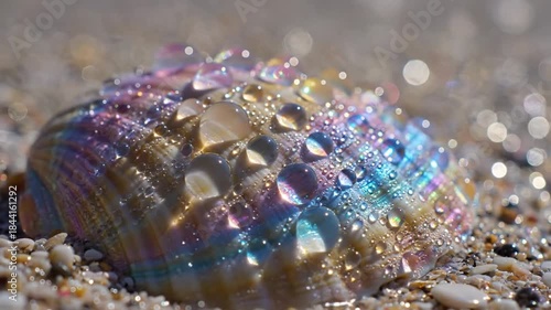 Iridescent seashell with vibrant water drops sparkling under sunlight close up macro texture