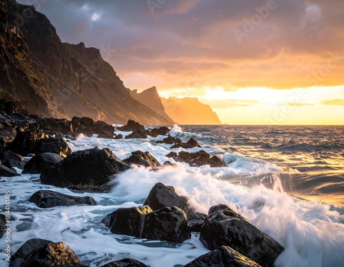 Wallpaper Mural Dramatic ocean waves crashing onto dark rocks at sunset Torontodigital.ca