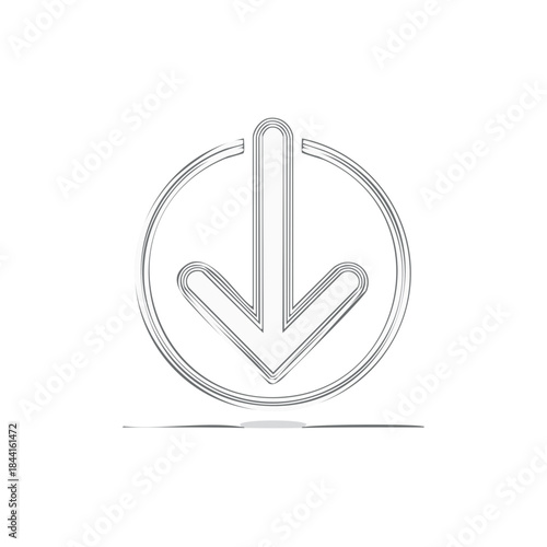 Down arrow symbol in circular frame, sketch style drawing for graphical interface or diagram