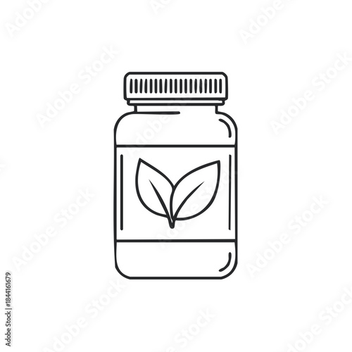 Outline drawing of bottle with leaves as design element suggesting organic or natural product for wellness industry