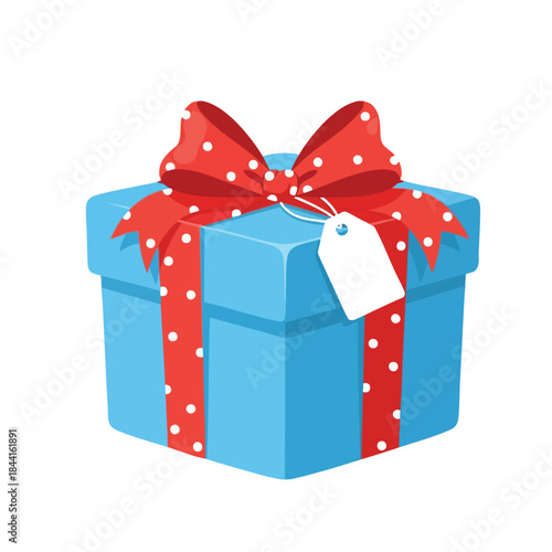 A blue gift box is adorned with a red bow and polka-dot ribbon, and tag