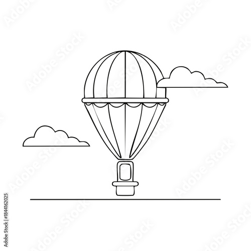 Whimsical Hot Air Balloon Ascending Through Cloudy Skies Simple Outline Drawing