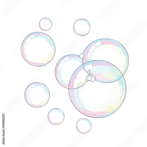 Cartoon bubbles in multiple sizes with pastel iridescence, on a white background