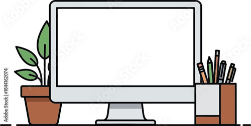 A computer monitor with decorative plants and writing tools beside it in a simple style