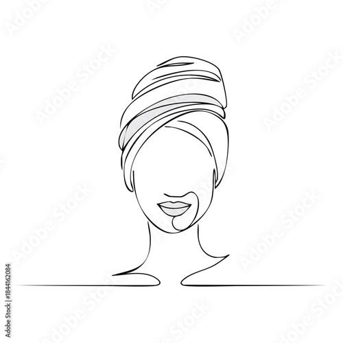 Female face outline art with towel wrapped around head line drawing minimalist illustration of person's portrait