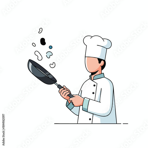 Cartoon chef tossing food from a pan, against a white background