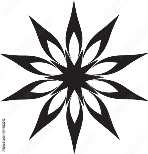 Black and white abstract starburst or flower-like graphic design Keywords: starburst, abstract, geometric, symmetrical, radial, design, graphic