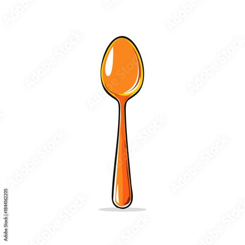 Shiny orange metal spoon isolated on a white background. Kitchenware flatware object clip art in cartoon style.