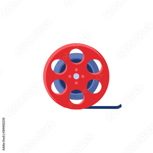 Bright red movie film reel with dark blue film strip for entertainment illustration design
