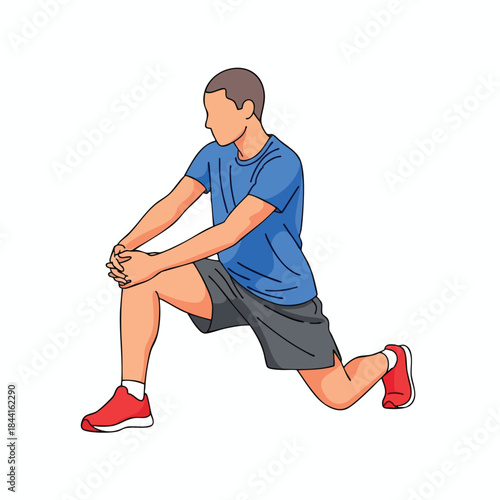 An illustrated person stretches in a lunge, holding their knee