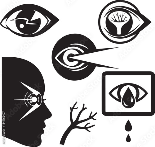 Eye Medical Icons With Laser Treatment And Vision Issues Black And White ophthalmology