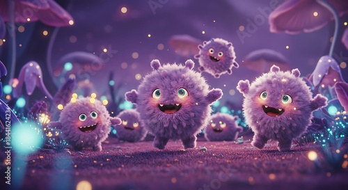 Adorable, fluffy purple creatures frolic in a magical, illuminated forest, a fantasy scene