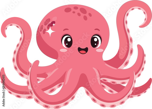 Charming pink octopus illustration with a happy expression and cute whimsical tentacle details