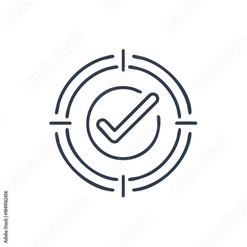 Target accuracy icon with checkmark, precision attainment illustration for business goals and precise task fulfillment, success