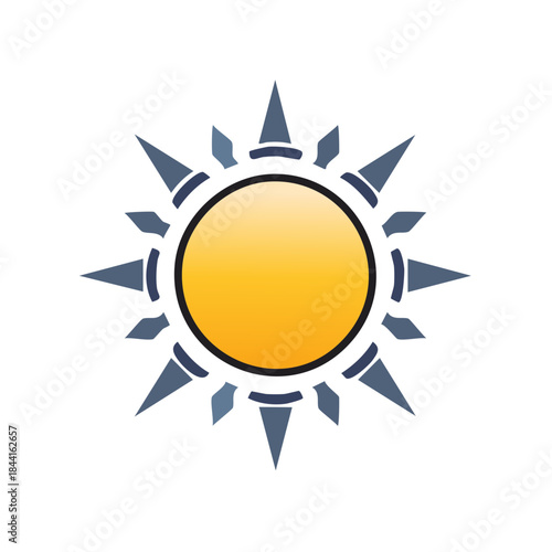 Stylized radiant sun symbol icon with rays, gold glow and navy trim, isolated