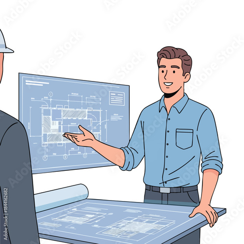 Illustration of two men, one gesturing at blueprints, architectural design concept