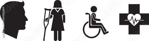 Medical Symbols Including Head Profile, Crutches, Wheelchair, And Heartbeat Cross healthcare silhouette