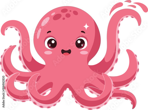 Adorable pink octopus character with large eyes and smiling expression isolated on white background