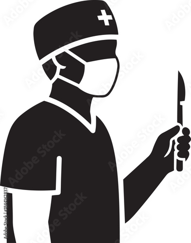 Surgeon in Scrubs and Mask Holding Scalpel Ready for Surgery Keywords: surgeon, doctor, medical professional, healthcare worker, surgery, surgical